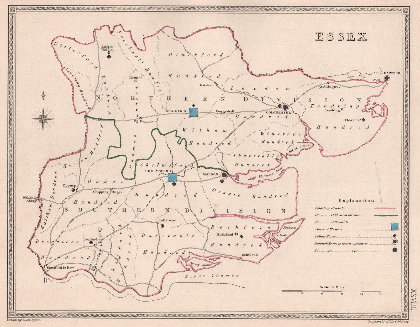 ESSEX antique county map by CREIGHTON/WALKER. Electoral 1835 old
